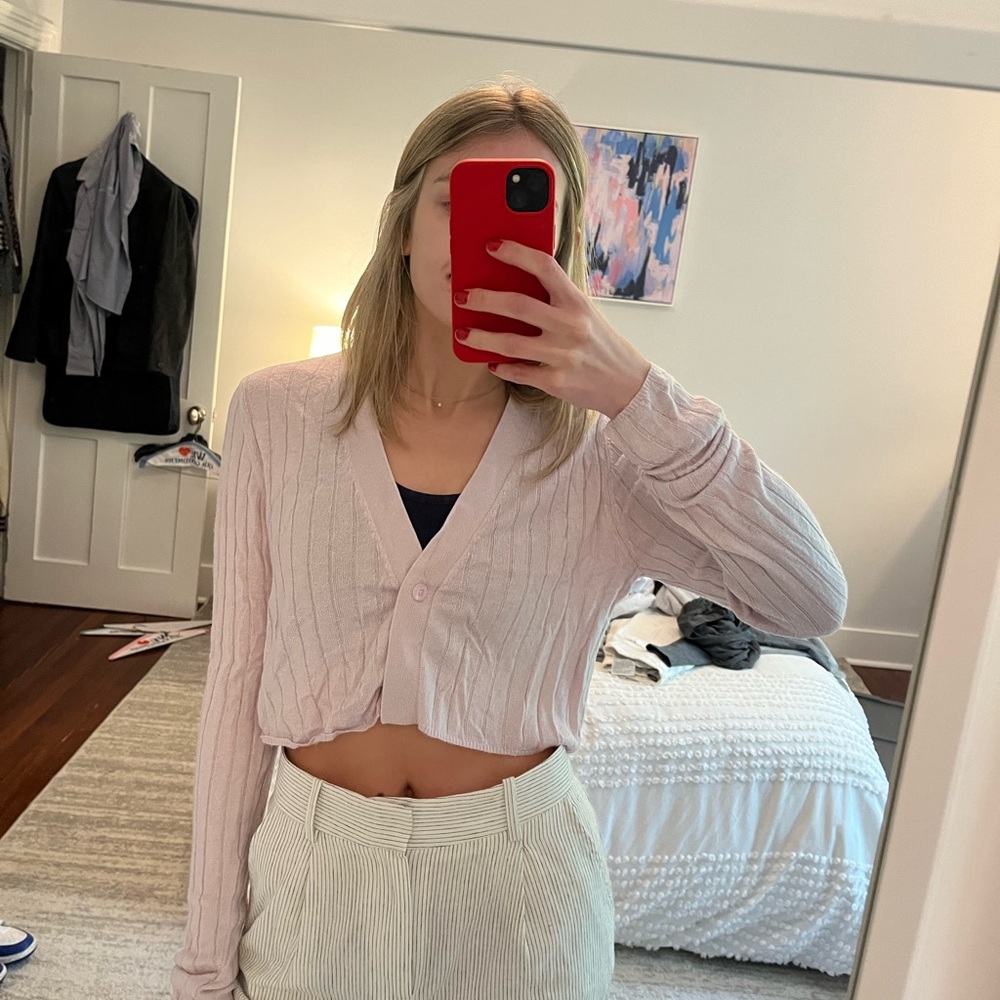 Zara Cropped Knit Lavender Purple Ribbed Cardigan